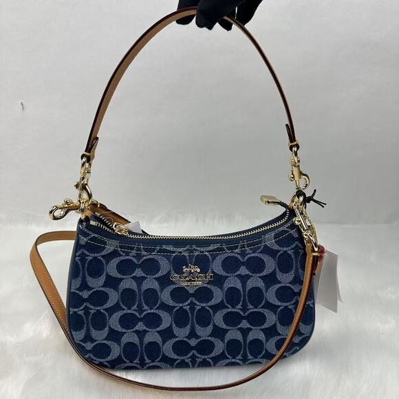 Coach Teri Shoulder Bag Signature Denim Vachetta Leather Gold/Denim/Natural NWT - Picture 6 of 12